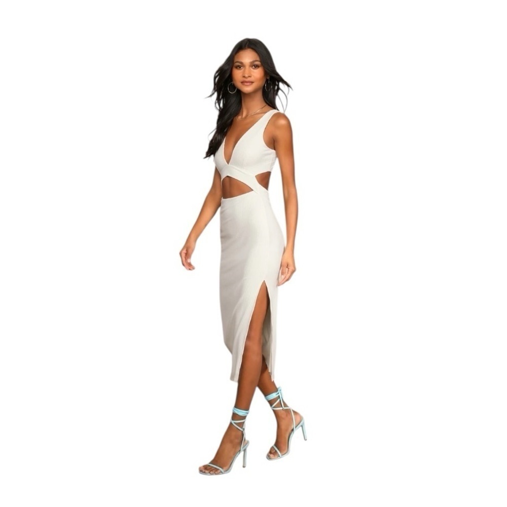 NEW Lulus Divide and Contour White Ribbed Cutout Bodycon Midi Dress XL #1576